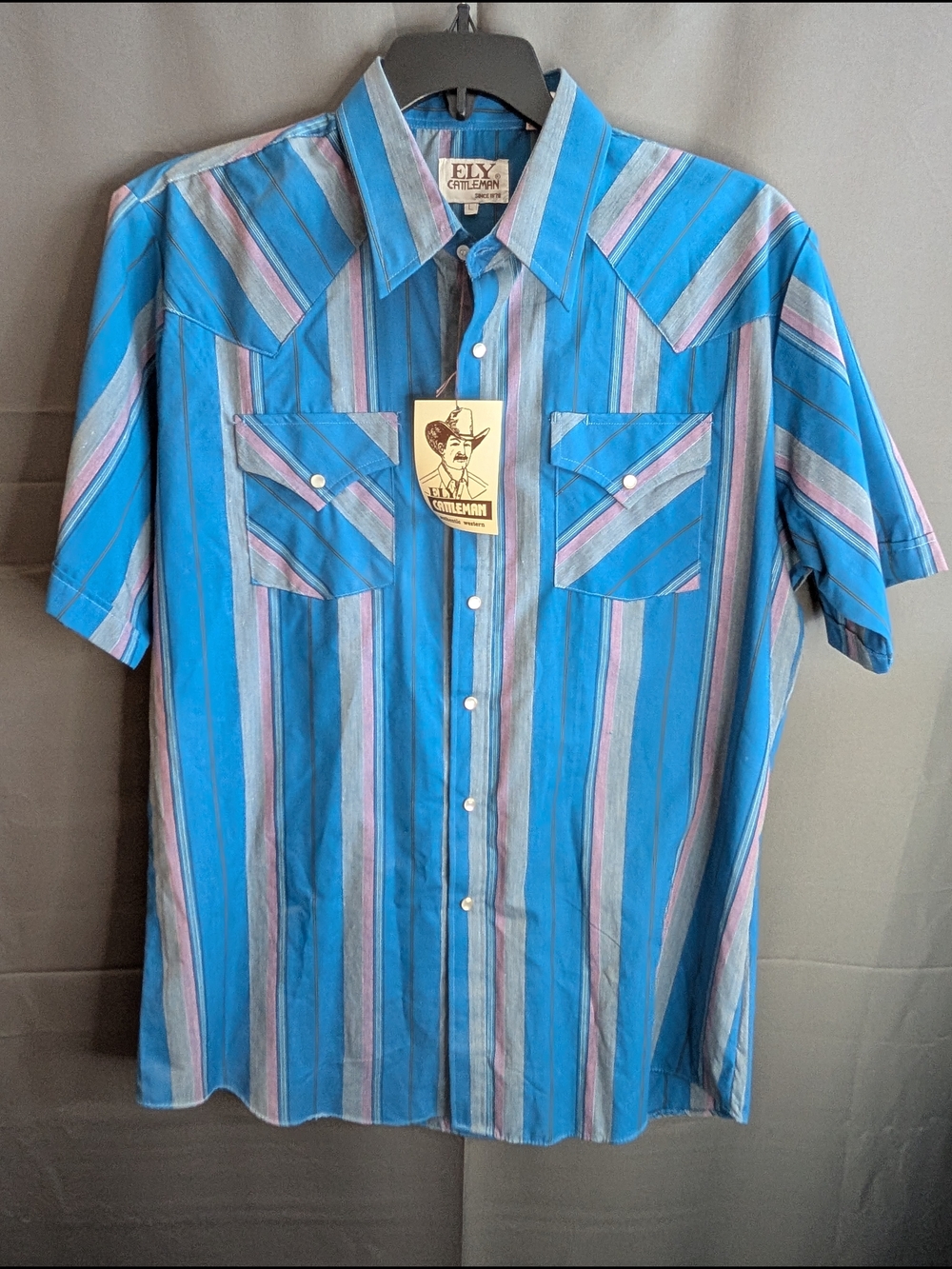 VTG Ely Cattleman Striped Western Pearl Snap Shirt Blue Pink Deadstock NWT L